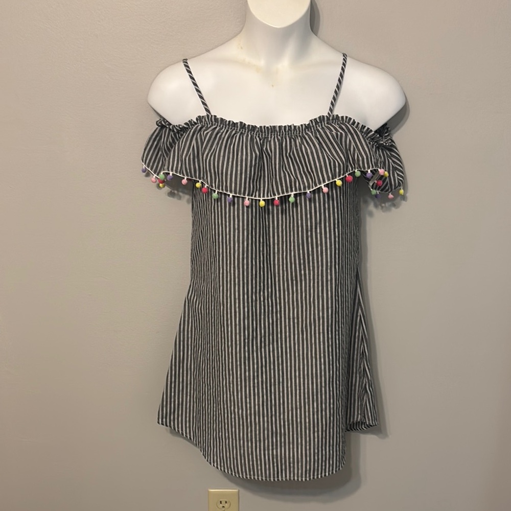 Vestique Striped Off-Shoulder Top with Pom Poms